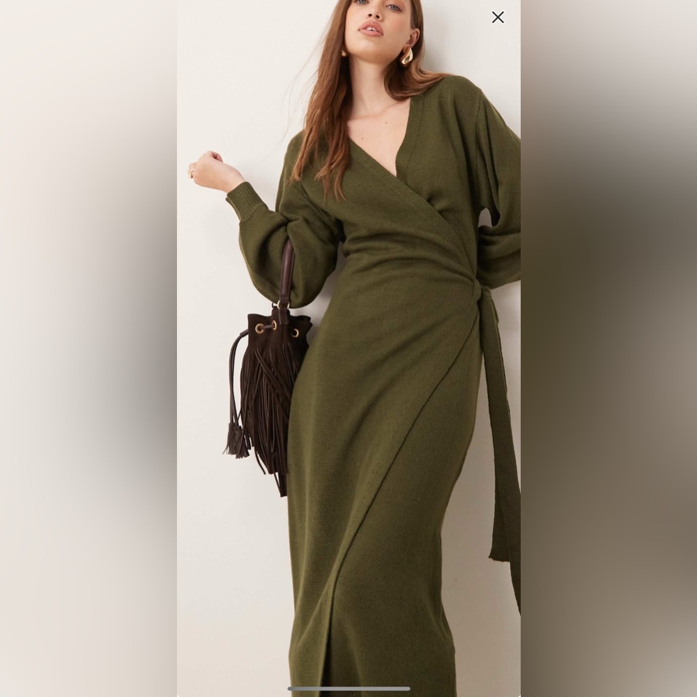 Pretty Lavish Beau wrap knit midaxi dress in olive